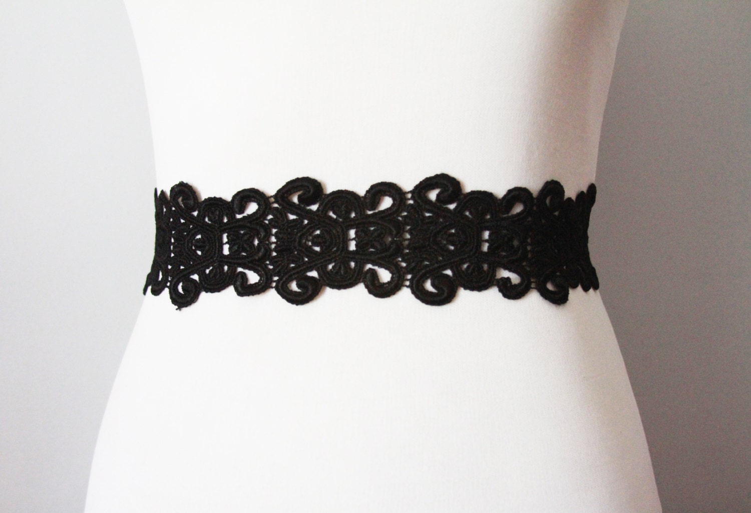 Bridal Couture - Black Lace Flower Ribbon Sash Belt - Wedding Dress Sashes Belts