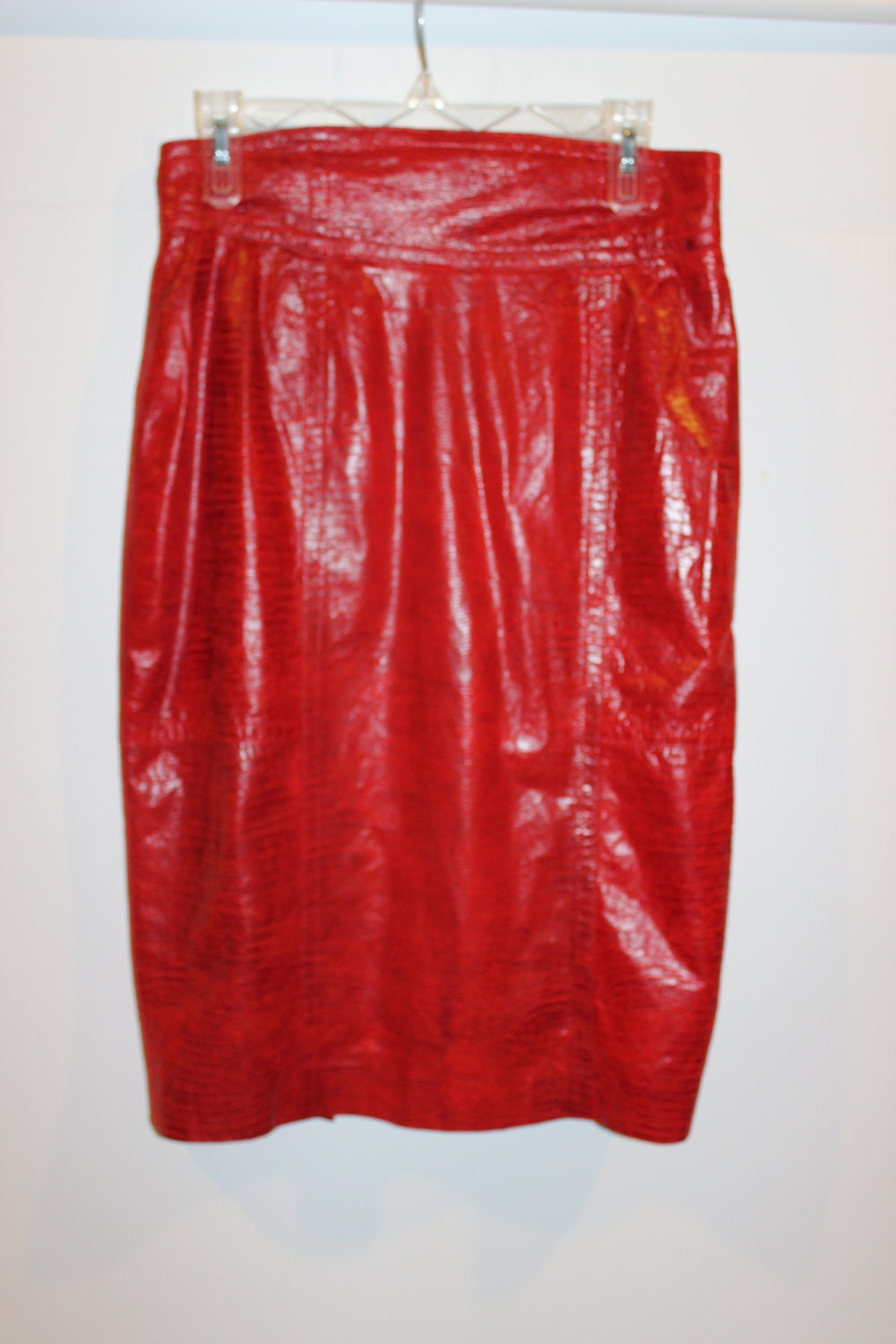 Vintage 80s Leather Escada Skirt - Pencil Skirt - Red Snakeskin Skirt - Size 42