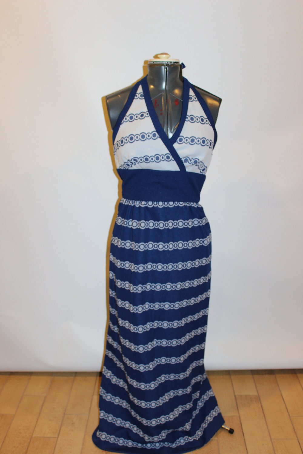 Vintage 60s Halter Dress - Blue and white Maxi Dress - Gay Gibson Dress - Small size 2
