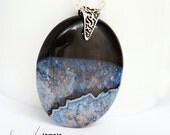 Beautiful blue cracked agate pendant with black, light and dark blue tones, sterling silver and sterling silver necklace