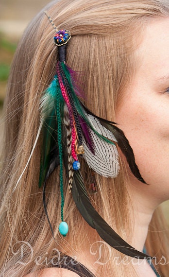 Tribal Feather Hair Extension - Polymer Clay Flowers Hair Pin - Hippie Hair Accessories - Boho Gypsy Chic Jewelry - Festival Wear