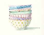 Art Print of Original Watercolor Painting -- patterned Bowls