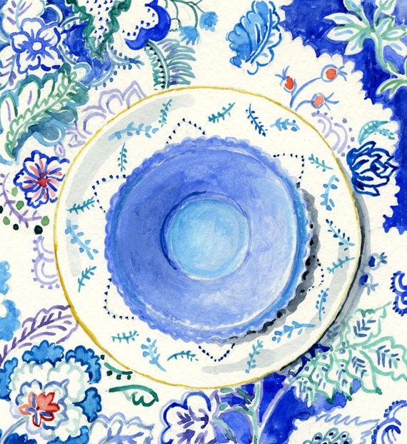 Still Life Kitchen Decor of Original Watercolor Painting -- Floral Vintage Plates 2