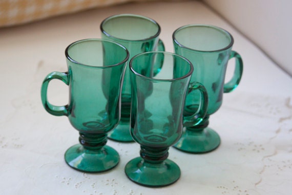 Set of 4 Libbey Glass Footed Irish Coffee Mugs - Emerald Green or Dark Forest Green