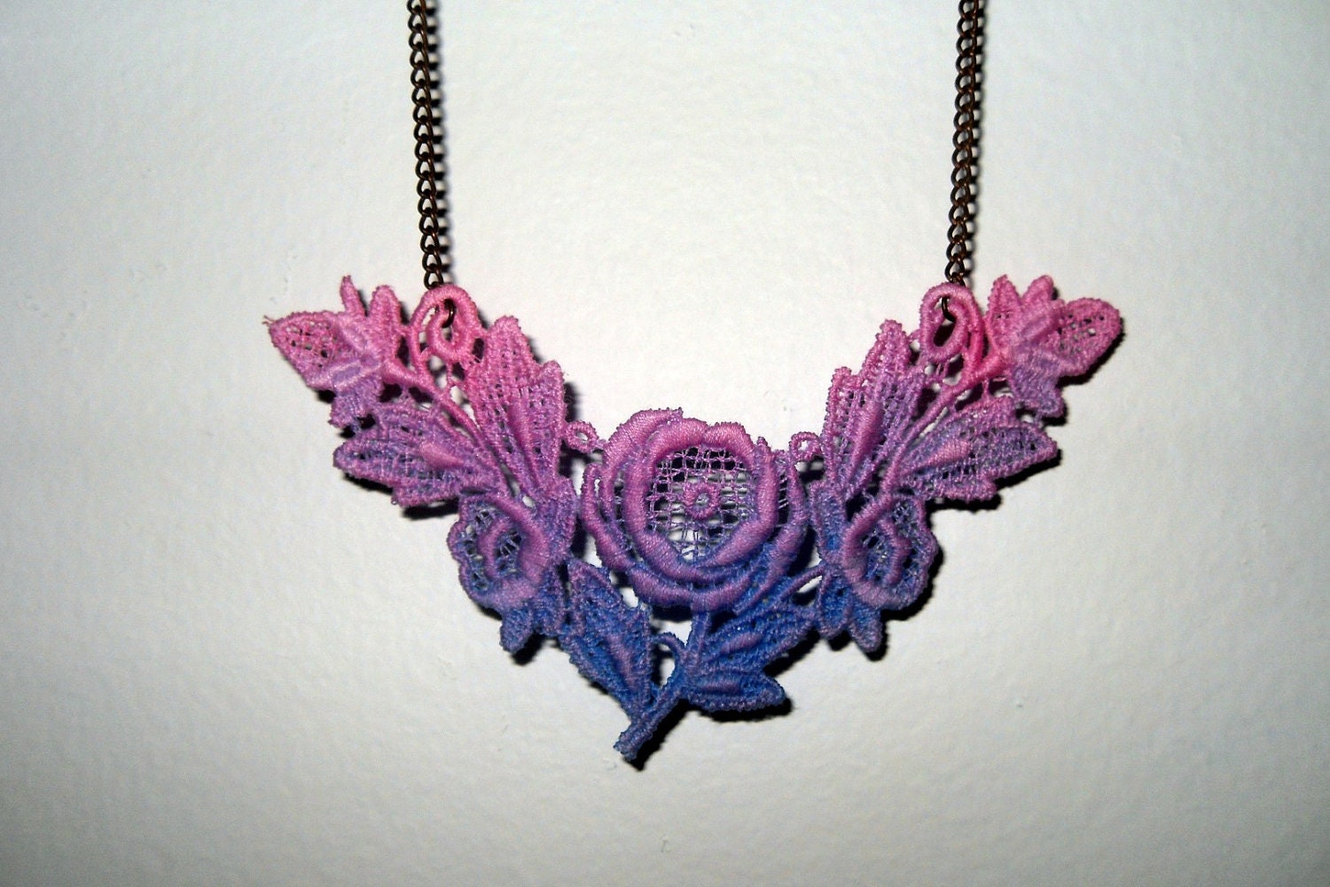 Vintage Ombre Lace Necklace in Pink Purple Blue Lime Green Jewelry Upcycled Unique Mothers Day Gift for Her