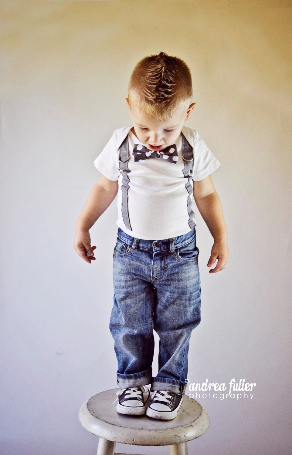 Baby Boy Bowtie & Suspender Bodysuit or shirt Grey and White Polka