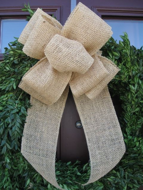 burlap wreath bow, burlap ribbon, wreath bow, burlap decor, natural bow, natural ribbon, rustic bow, bow, handmade, Etsy