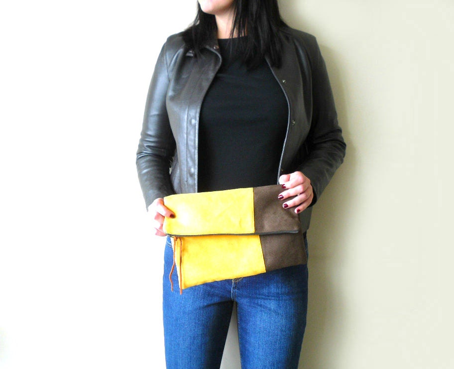 Foldover clutch purse in yellow and chocolate brown vegan suede