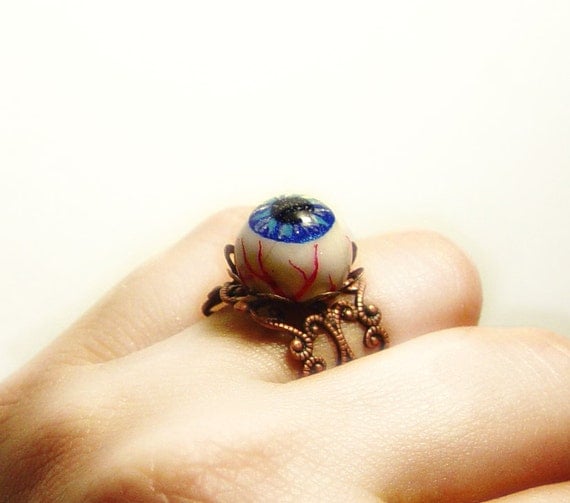 Eyeball ring, polymer clay, creepy horror jewelry, evil eye ring