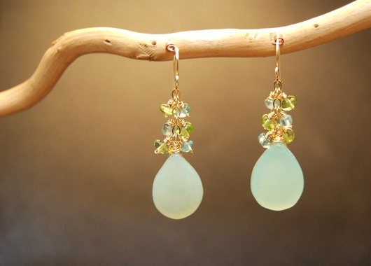 Princess 38 Peridot, apatite, sea blue chalcedony earrings