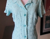 Vintage 1950s Aqua Linen Blouse with Deco Swirls L