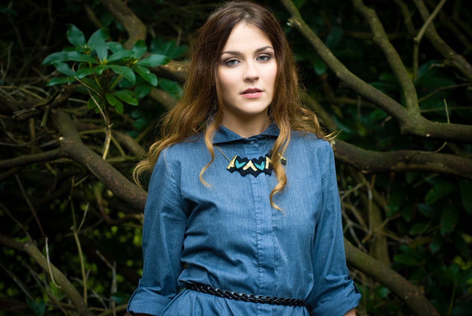 Cosine - Knitted Statement Necklace, Sculptural Chevron knit in Gold and Teal