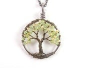 Dogwood Sapling- Mini Tree of Life Necklace with Cream Blossoms, Green Peridot, and Bronze, Spring Gift
