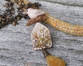 Golden necklace- honey yellow fiber multi-strand necklace. white dove polymer clay charm, mixed media rustic fall. Jettabugjewelry