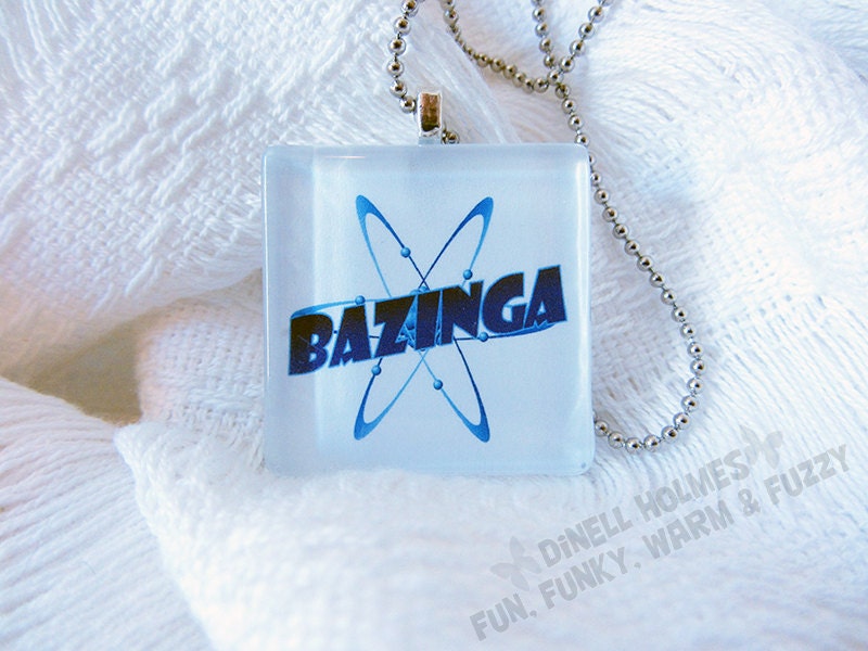 CLEARANCE SALE BAZINGA Big Bang Theory Glass Tile Pendant  Handmade Humor Funny Jewelry