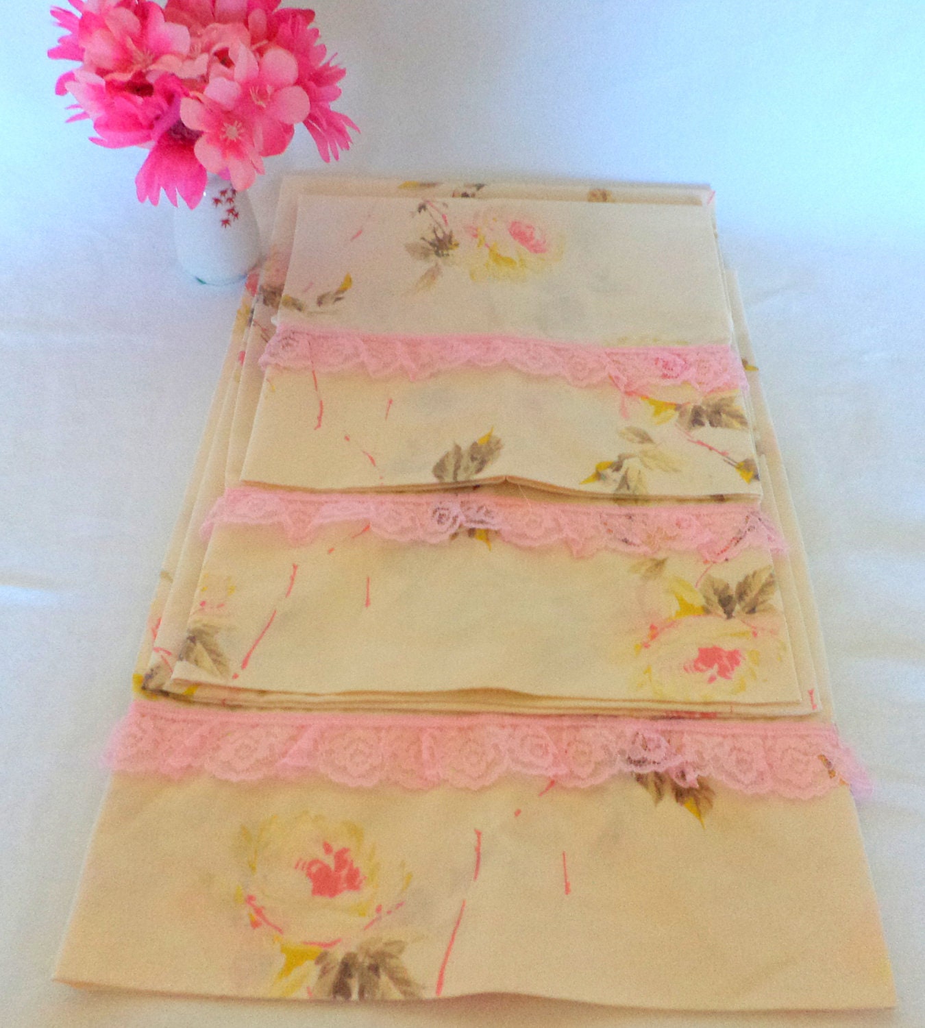 Handmade  pink floral Vintage Linen Floral Guest  Towels.