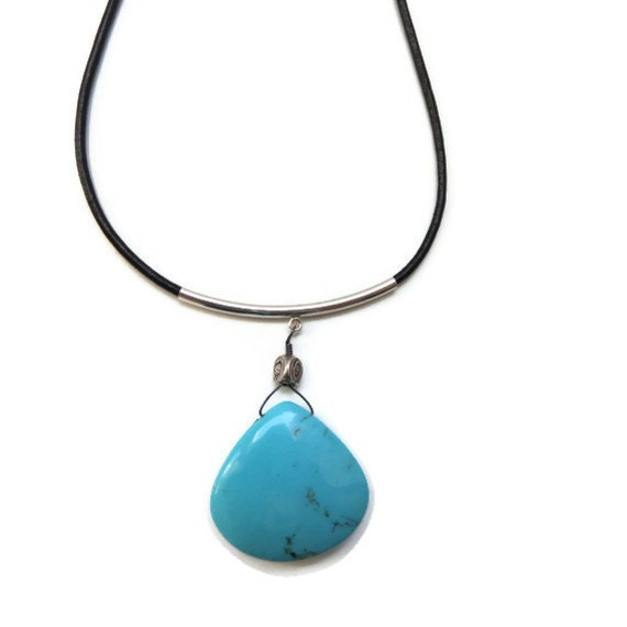 Turquoise Sleeping Beauty Large TearDrop Pendant On Leather Black Cord Sterling Silver Necklace ... Bluest of Blues