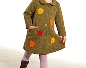 Autumn leaves kids girls coat size 41 inch, girl wool coat, school style girl, maple leaf, Canada childrens, toddler coat, green kids coat - Graccia