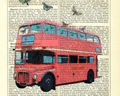 Dictionary Art Print Vintage Upcycled Book Page British Red London Bus Collage