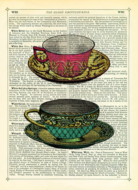 Two Vintage Cups Dictionary Art Print Vintage Upcycled Book Page Art Collage