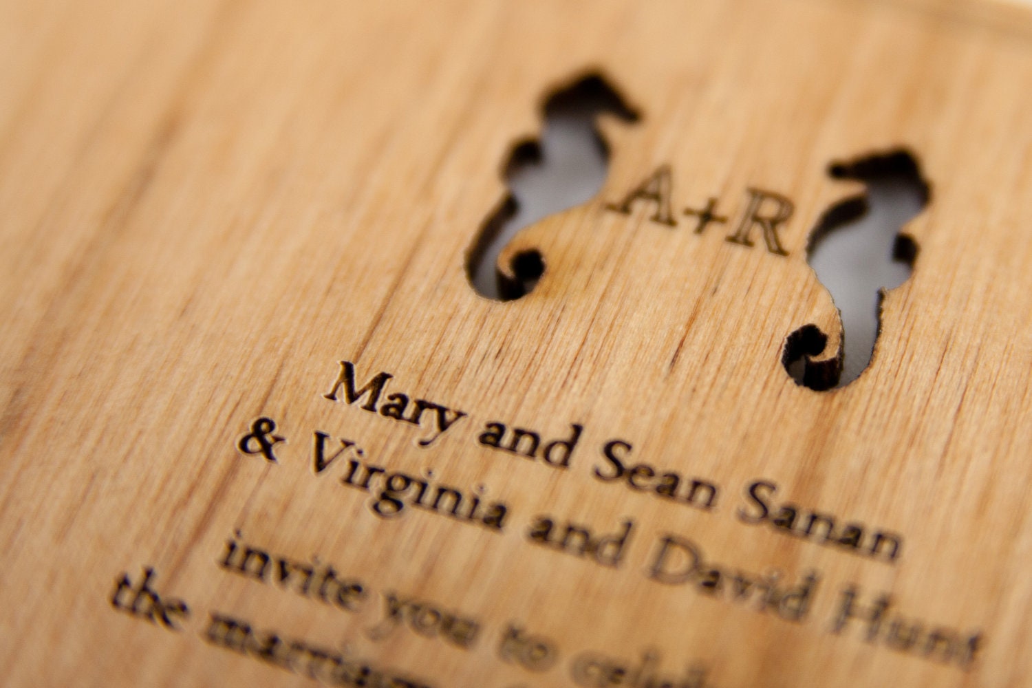 Monogram Seahorse Wedding Invitation (Engraved on Wood)