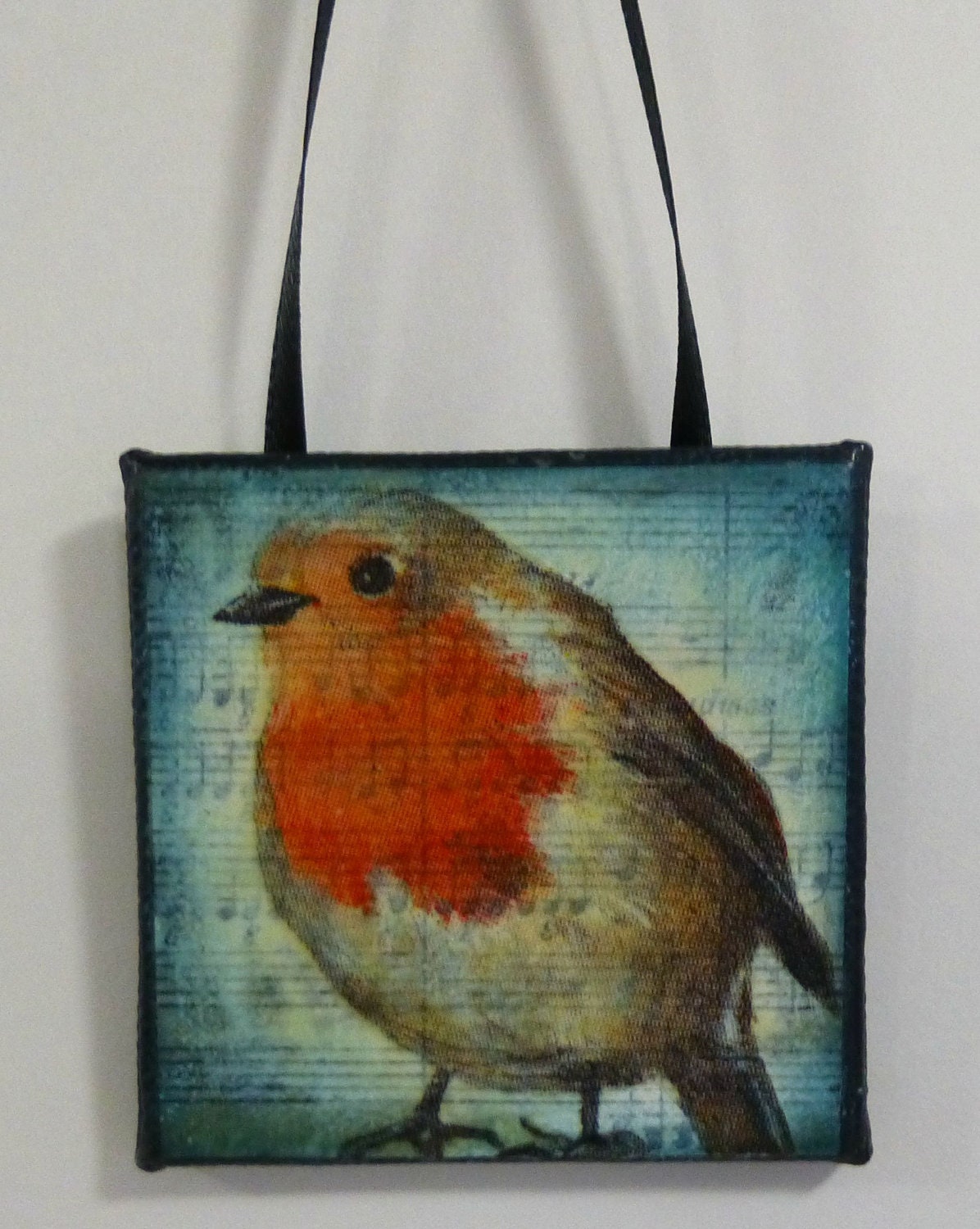 Red Breast Bird, Miniature Art, Mixed Media Wall Hanging, Bird Ornament, Home Decor