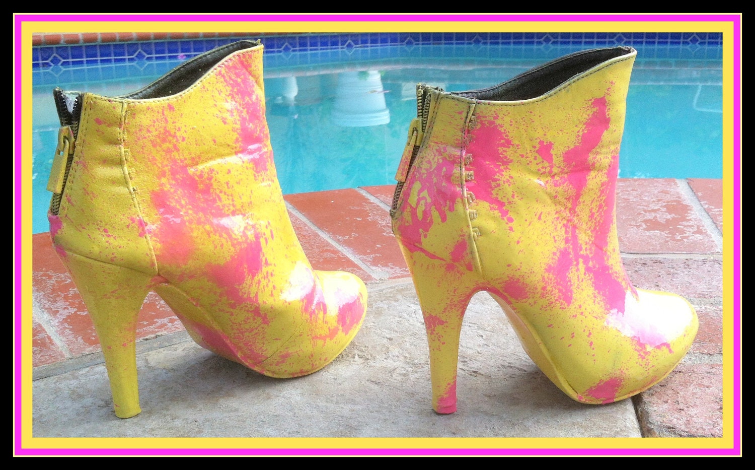 LOVE CANDY Boots Unique One of a Kind Boots Hand Painted Spray Painted Upcycled Recycled Ankle Boots Pink and Yellow Size 6