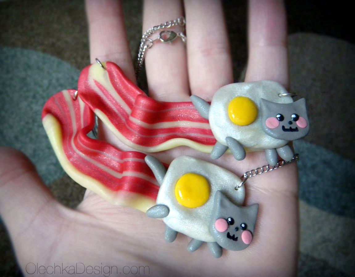 BACON Nyan Cat Meme Necklace Geek Jewelry, Polymer Clay