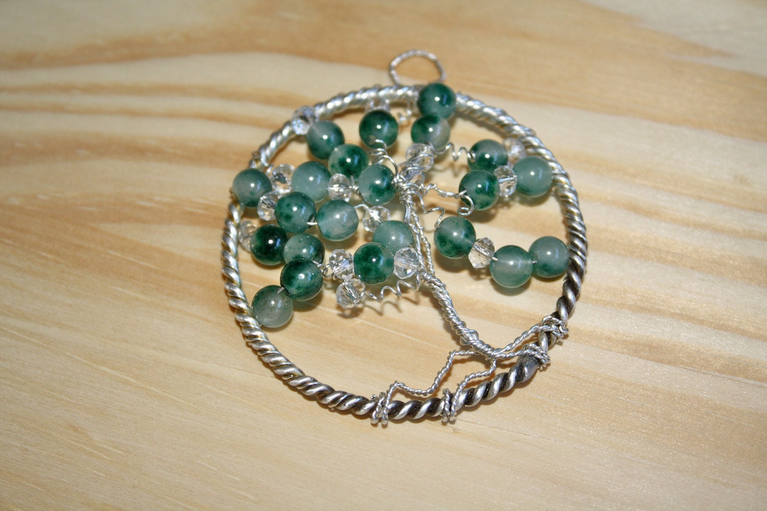 Jade Green Tree of Life Wire Wrapped Pendant with Swarovski Crystals and Customized Necklace Chain Included