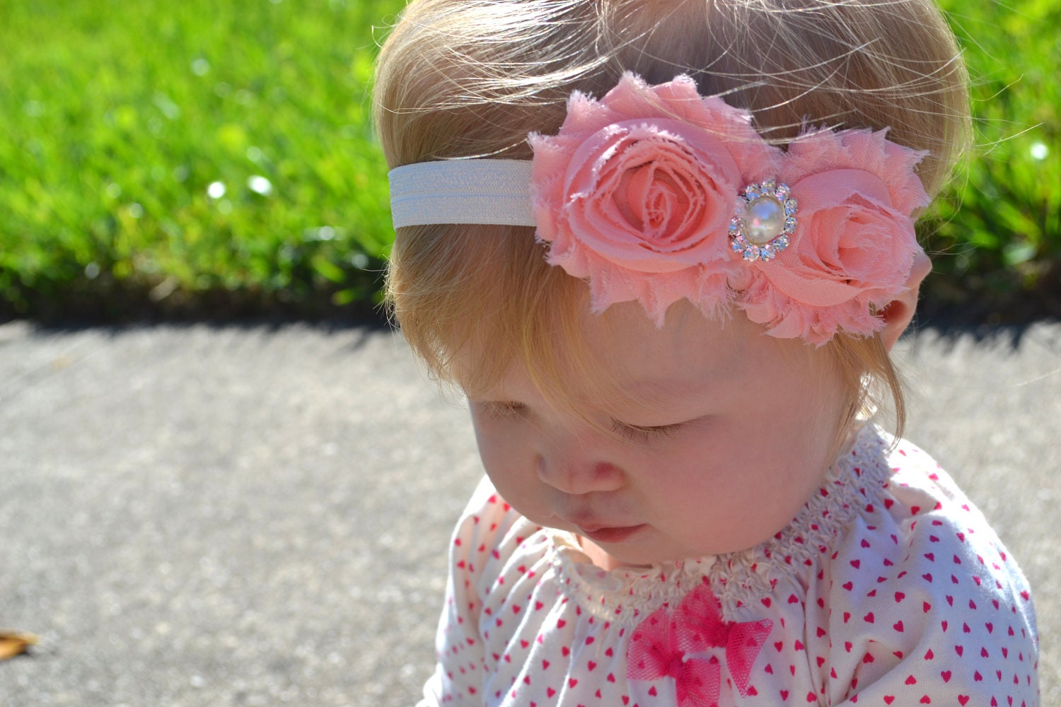 Peach Shabby Flowers on Ivory Headband with Pearl Rhinestone, Newborn Headband, Toddler Headband, Baby Girl Photo Prop.
