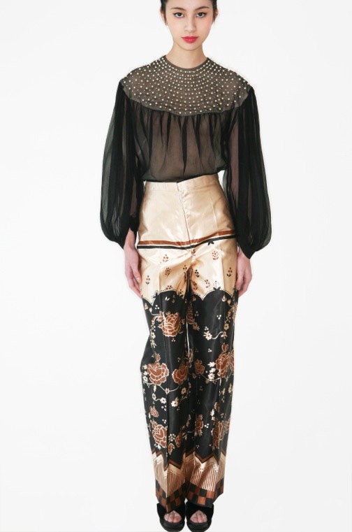 REDUCED were 613 now 565 iconic vintage 1969 OSSIE CLARK printed satin pants w/Celia Birtwell print as seen on Twiggy