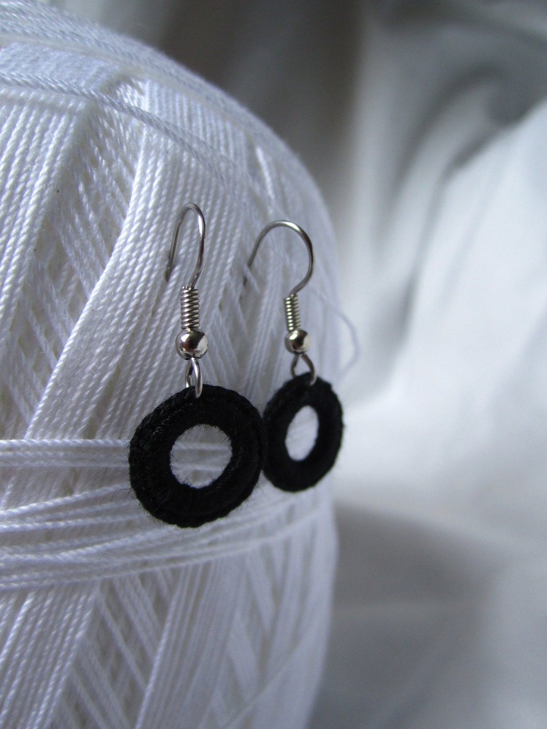 Black cotton crocheted circle earring