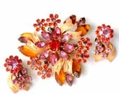 Brooch and Earrings Rhinestone Enamel Flower Color Burst Pink Orange Demi Parure High Fashion Vintage Jewelry Collectable Unsigned Beauty