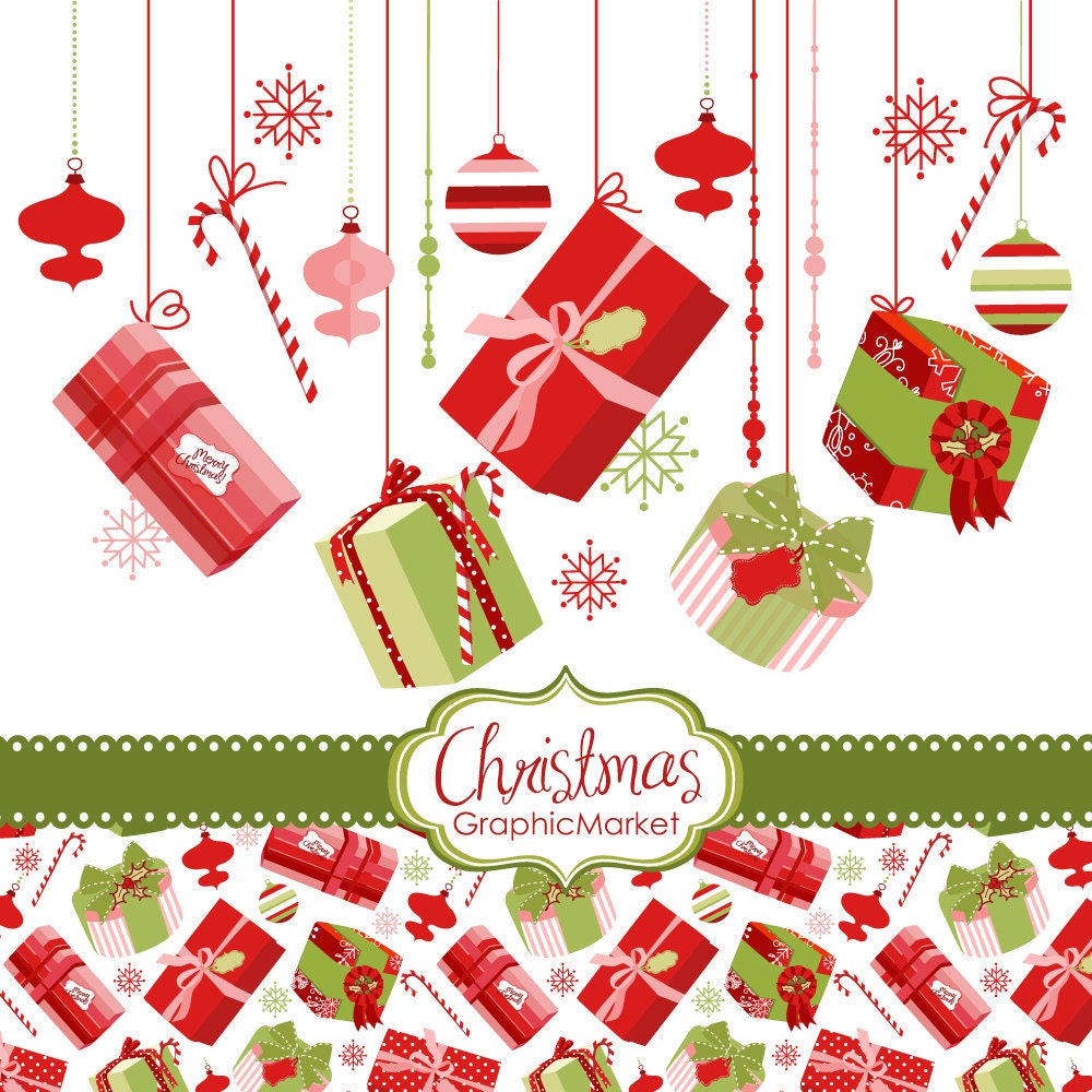 Instant Download Christmas Digital Clip Art, gift box, presents, clipart, ornaments, digital papers, Personal and Commercial Use
