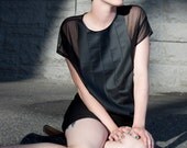Black sheer mesh tunic - ethnic geometric faux leather panel, minimalist fashion - medium murmuration