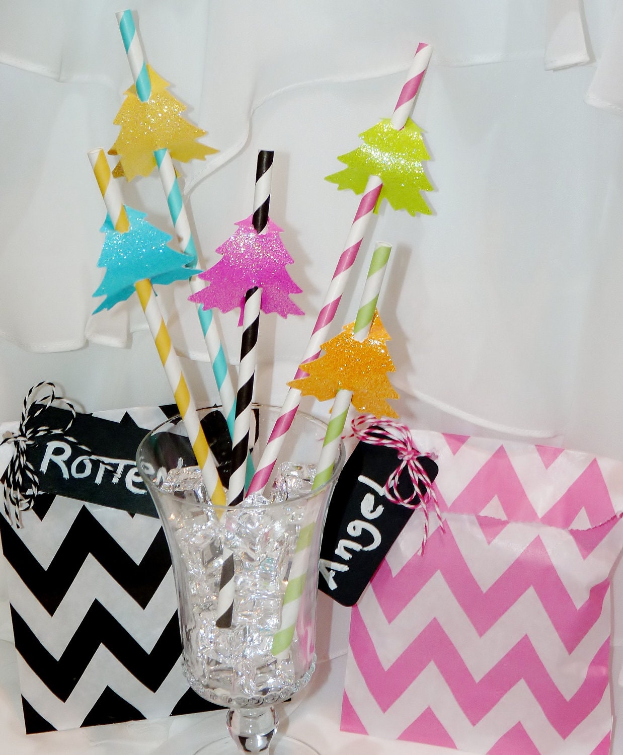 Naughty or Nice KitScH PaRtY for 12 assorted Pink - Black CheVroN bags with tags - Assorted BRIGHT Straws and GLITTER Tree straw toppers Il_570xn