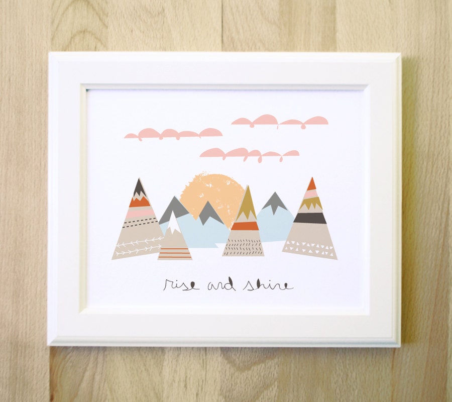 rise and shine art print 8 x 10 geometric pattern mountain clouds and handwritten typography in spring colors with white background