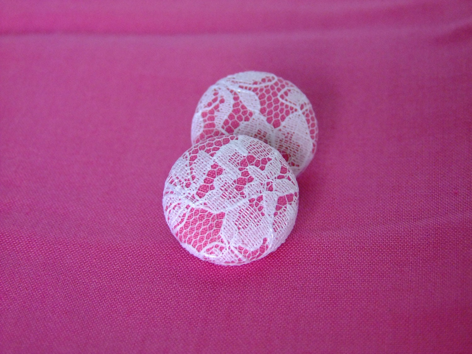 Hot bright pink earrings solid fabric white lace overlay round button handmade post for pierced ears