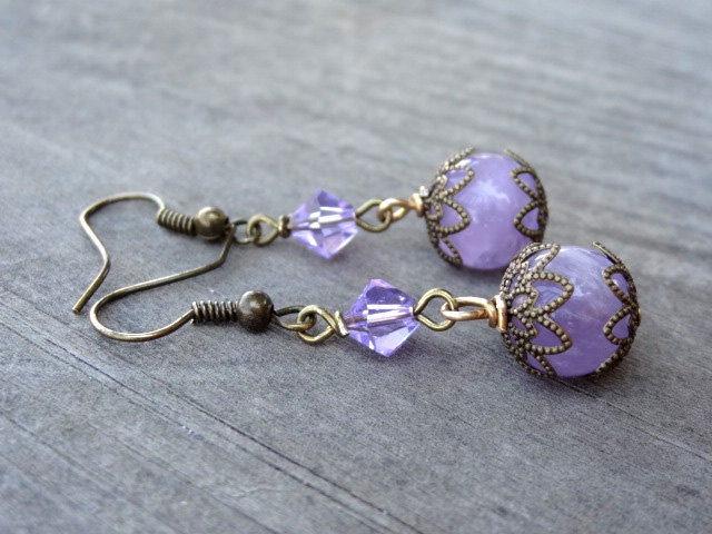 Bronze Handmade Purple Amethyst Crystal Bead Dangle Filigree Earrings Earring Jewelry