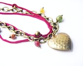Multi strand Necklace, Mother's Day, Brass Heart Pendant, Vintage Charm, Oxblood Silk Cord Necklace, Brass Chain, Stranded