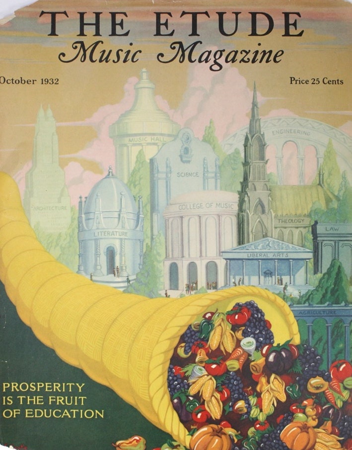 Vintage Magazine Cover / 1932 Etude / Thanksgiving Cornucopia / Education Buildings / Art Illustration Print