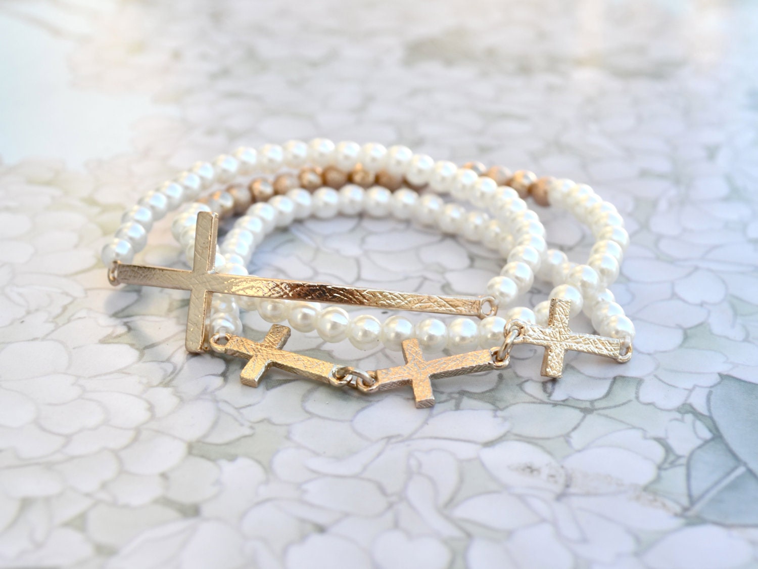 SET of 3 Sideways Cross Bracelets - Pearl