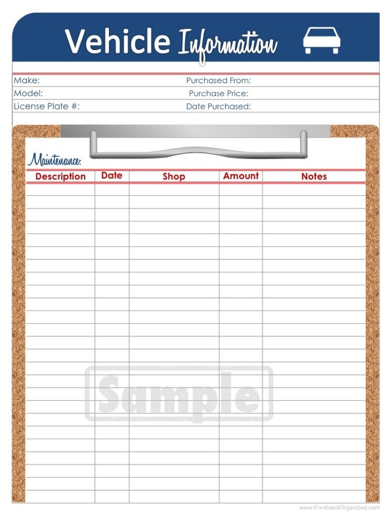 Vehicle Information - Maintenance Log - Printable Organizing PDF - INSTANT DOWNLOAD