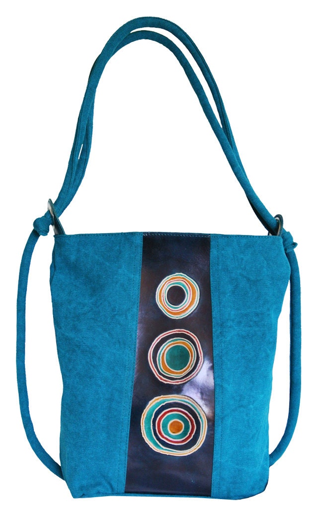 Canvas Leather Backpack Shoulder bag Purse Electric Blue Aqua Teal Turquoise Orange Aqua Yellow Red Blue Circles Motifs