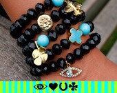 Gold Plated Lucky Four Leaf Clover Charm, Turquoise Shell Pearl & Black Crystal Rondelle Stretch Beaded Bracelet