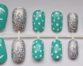 Teal and Silver Glitter Nautical Fake Nails - False, Artificial, Acrylic, Press-On