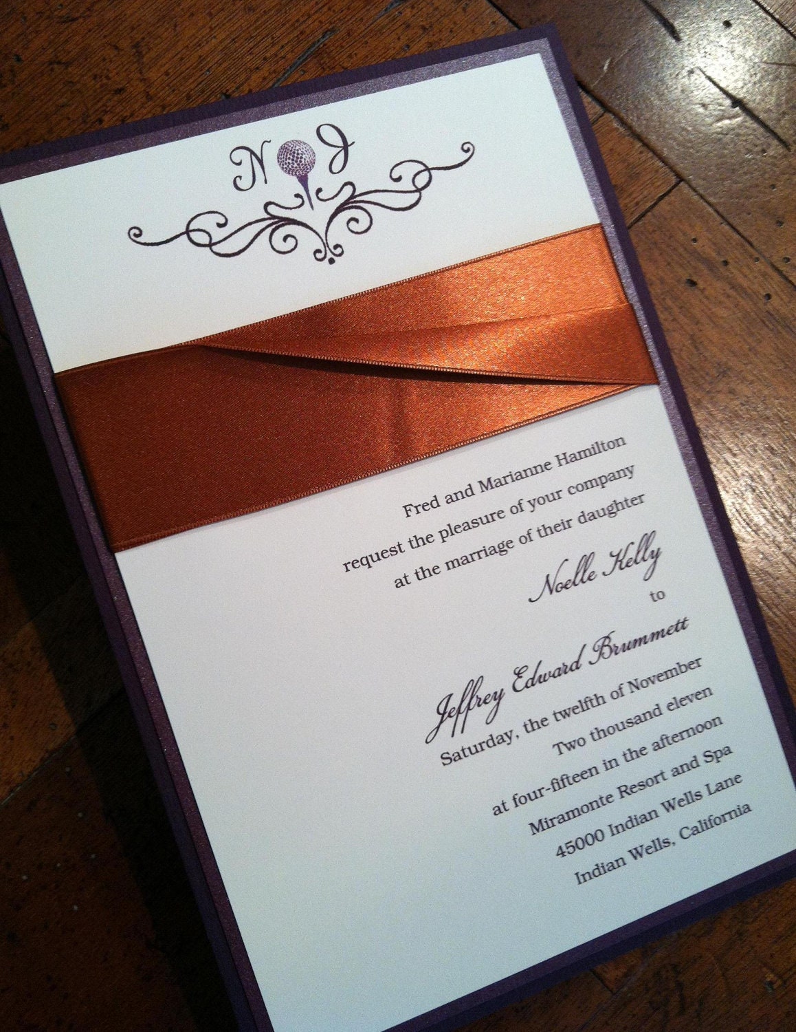 Layered Wedding Invitation - Ribbon Wrapped, Golf Monogram Wedding invitation