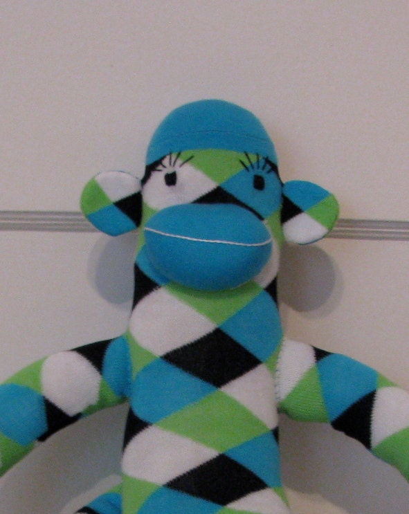 Blue, Green, Black, and White Diamond Patterned Sock Monkey