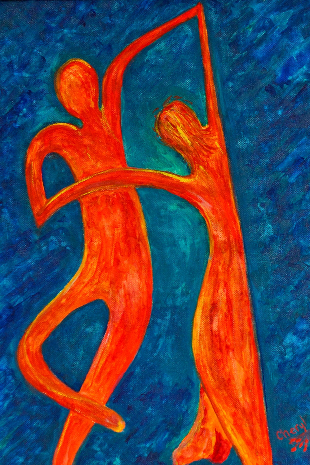 Abstract Art, Digital Art Print, Dancing Couple Blues, Reds, Orange, Signed Print, Christian Art  - "Dance With Me"
