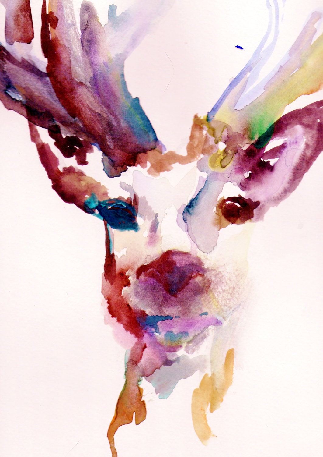 Print of Original Watercolor Painting, Titled: "Deer" by Jessica Buhman 11 x 14 Pink Purple Yellow Blue Brown Black Reindeer